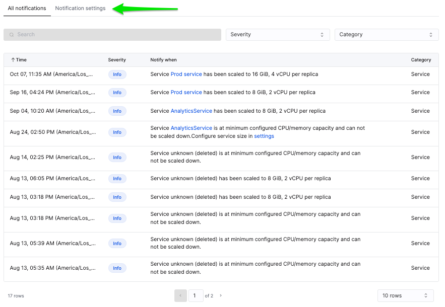 ClickHouse Cloud notifications activity log